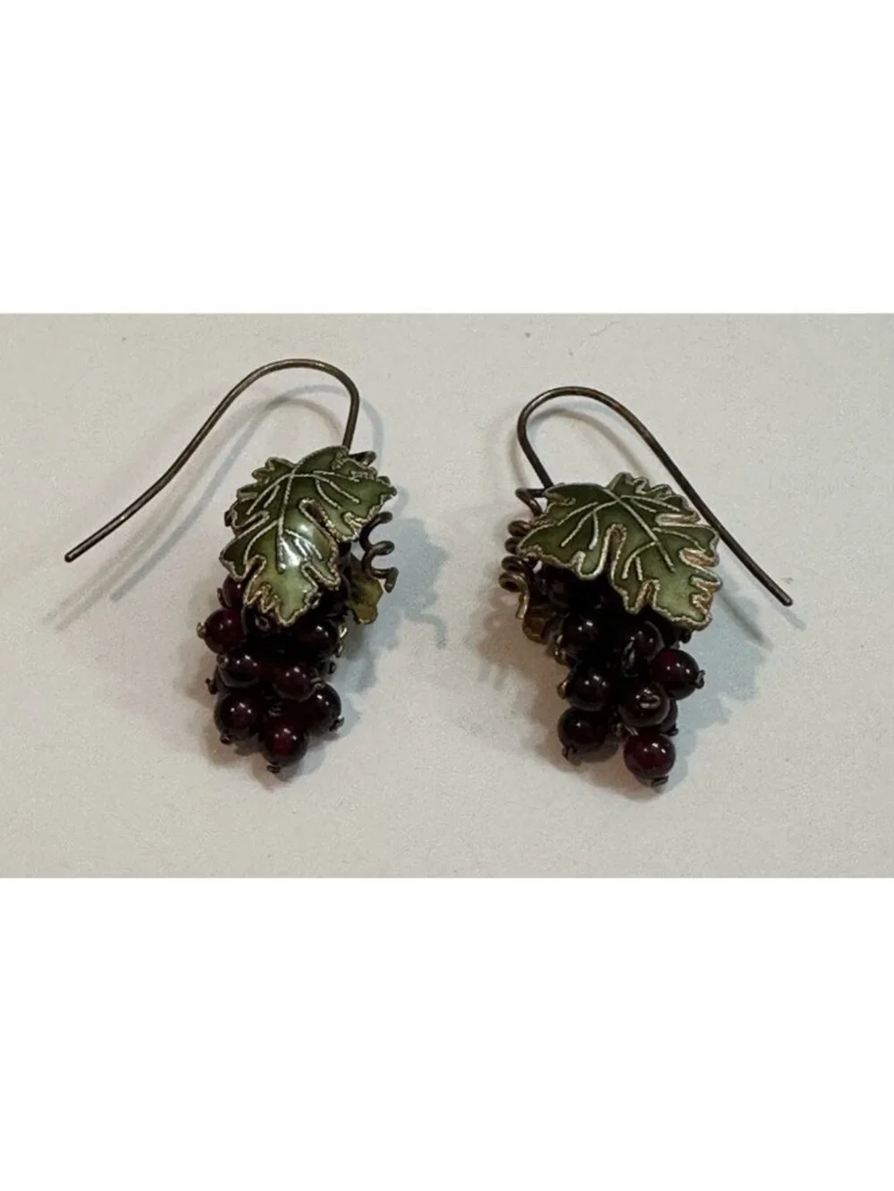 Bohemian Garnet Bead Grape Cluster Guilloche Enamel Brass Leaf Earrings